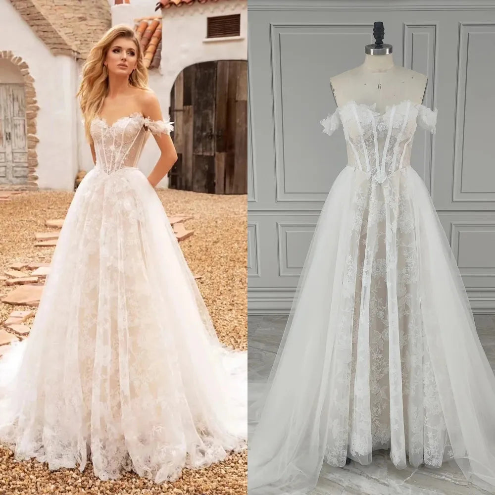 Real Photos Off Shoulder A-line 3D Flowers Lace Wedding Dress With Sequined Appliques Bride Gown For Women Custom Made As Picture
