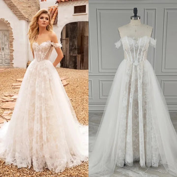 Real Photos Off Shoulder A-line 3D Flowers Lace Wedding Dress With Sequined Appliques Bride Gown For Women Custom Made As Picture