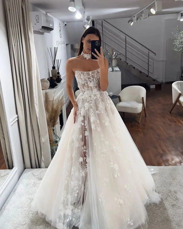 Bohemia Lace Wedding Dresses Strapless Side Split Corset Side Split A Line Long Custom Made Bridal Gown White