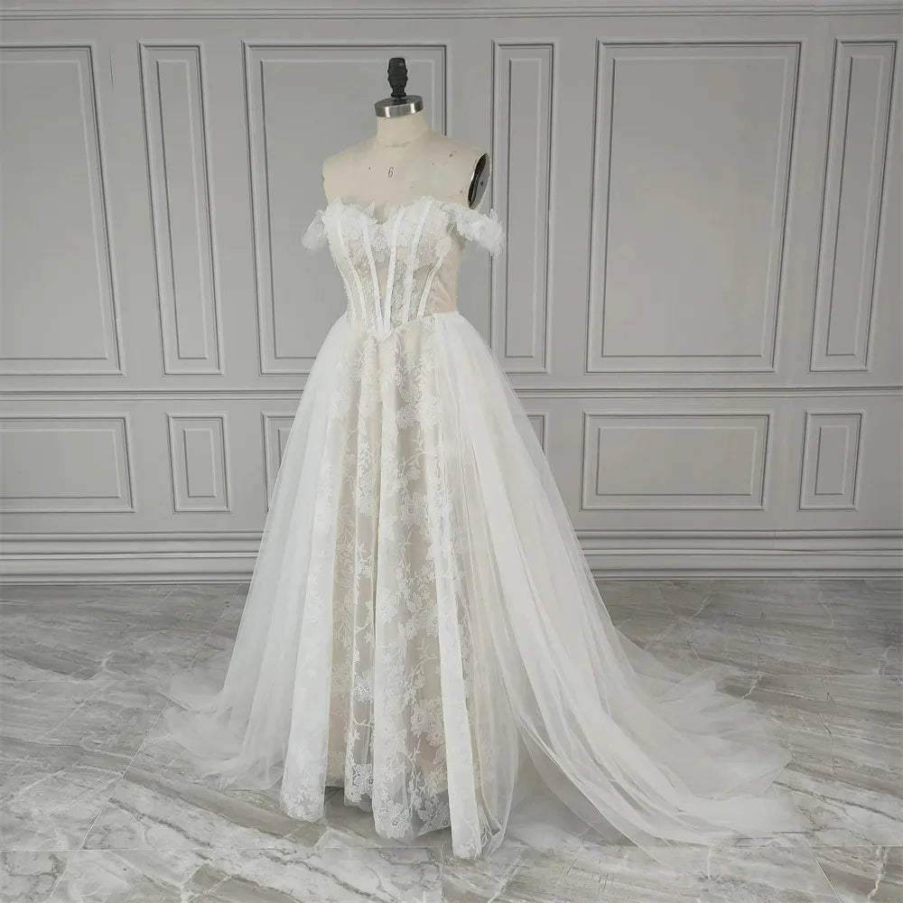 Real Photos Off Shoulder A-line 3D Flowers Lace Wedding Dress With Sequined Appliques Bride Gown For Women Custom Made