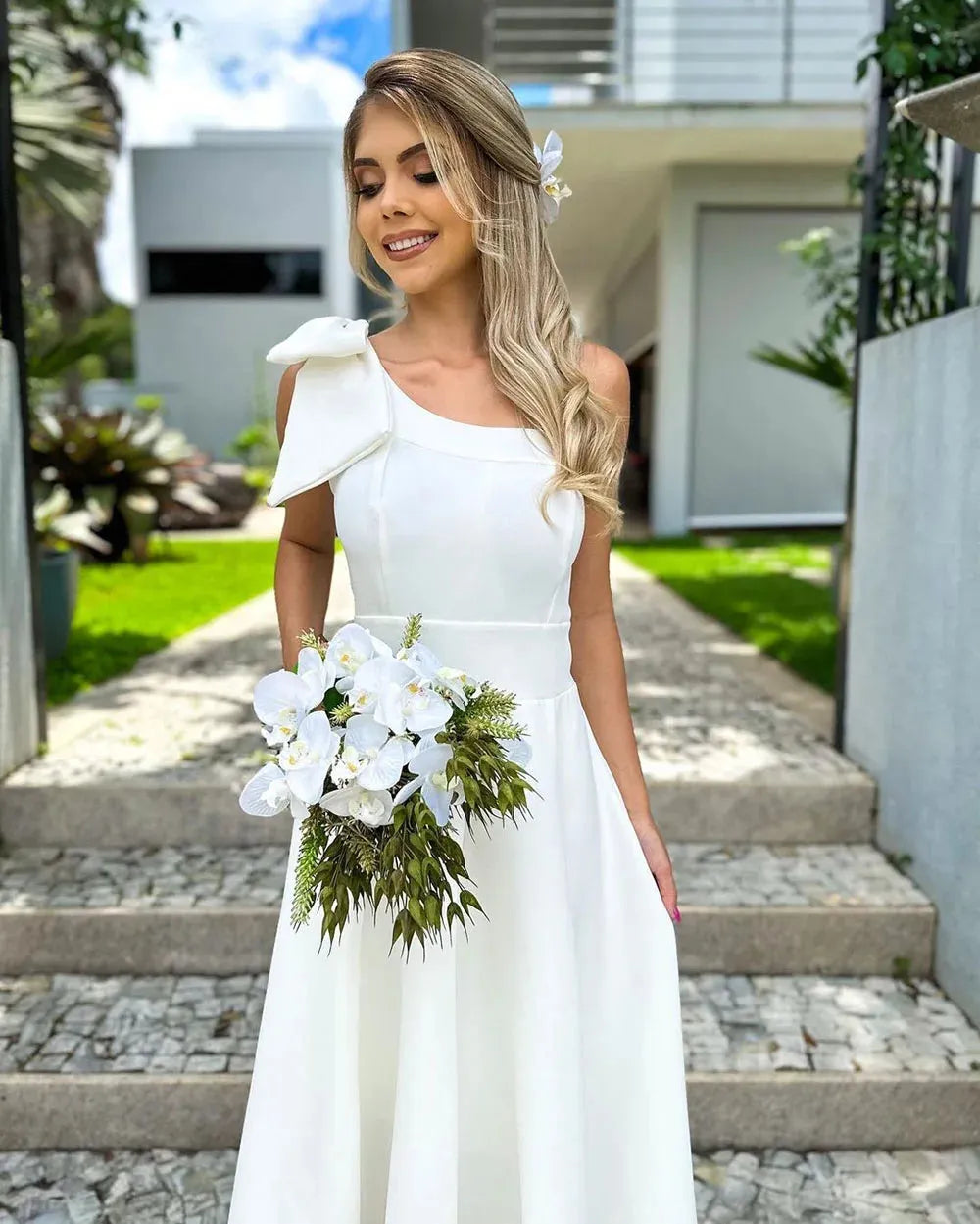 Tea length Wedding Gowns One Shoulder Bow Satin Wedding Party Dress Elegant Simple Women Bridal Gown
