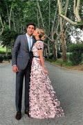 Amanda High Neck Evening Dress 3D Flower Prom Dress 2023 Pink Lace Embroidery Party Dress A-line