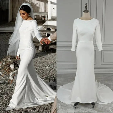 Elegant Long Sleeve Wedding Dress Mermaid Sexy Boat Neck Wedding Gown Sweep Train Backless Buttons Vestido De Noiva