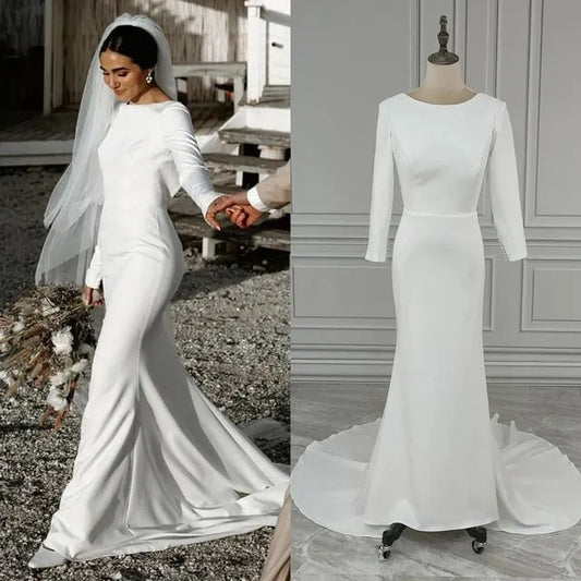 Elegant Long Sleeve Wedding Dress Mermaid Sexy Boat Neck Wedding Gown Sweep Train Backless Buttons Vestido De Noiva