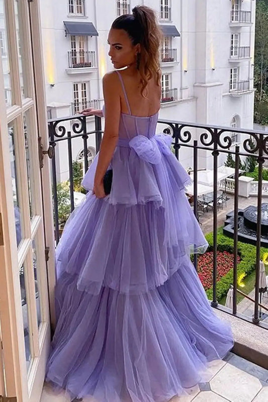 Elegant A-line Prom Dress Spaghetti Strap Bow On Back Formal Occasion Dresses Purple Tulle Wedding Party Dress