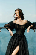 Glitter Black Prom Dress Shiny Puffy Sleeve Sexy Side Split Formal Occasion Dresses Gothic Wedding Party Dress