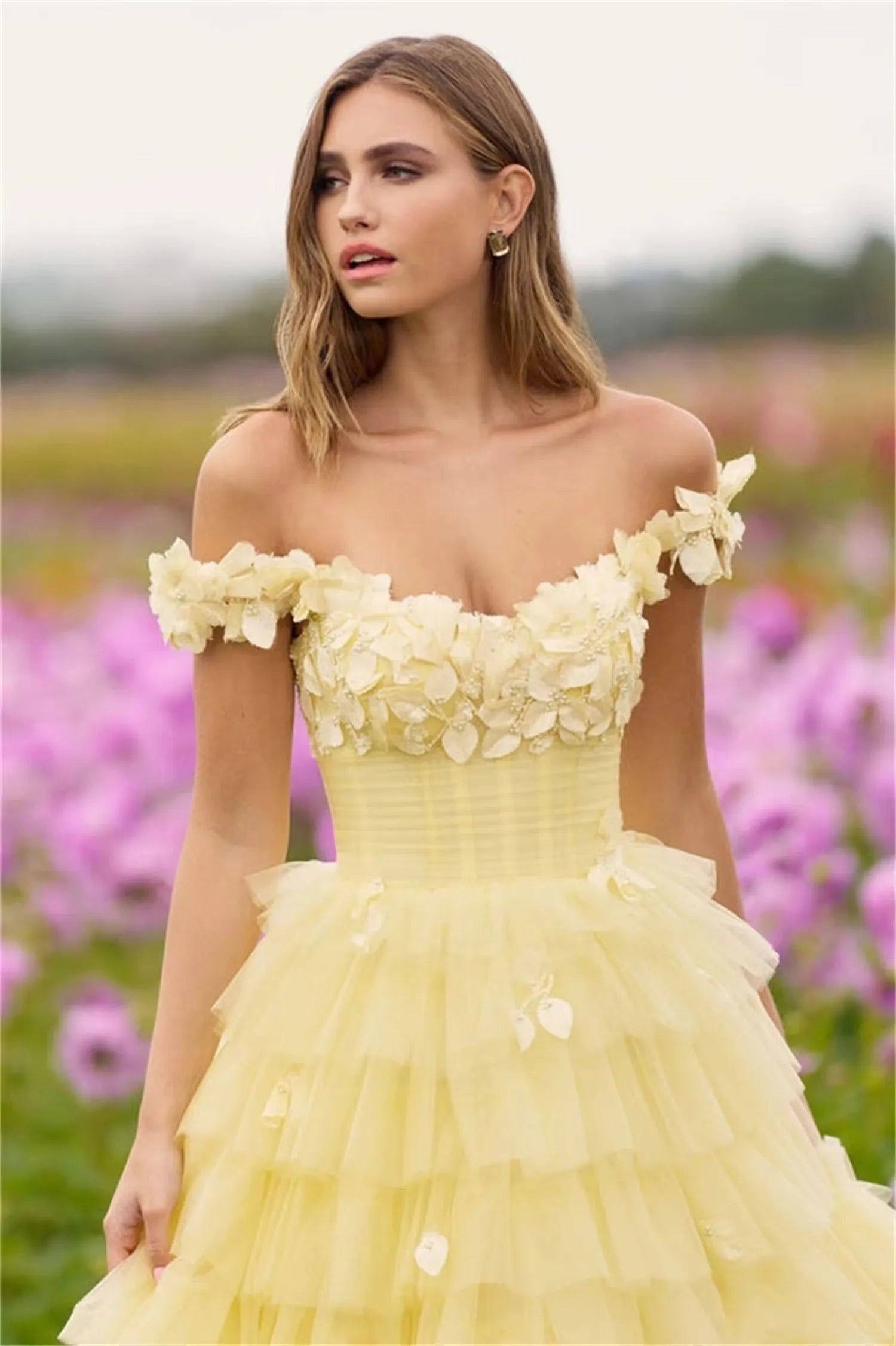Amanda Spring Light Yellow Prom Dress Handmade Multilayer Formal Occasion Dresses Sweet 3D Flower Puffy Party Dress