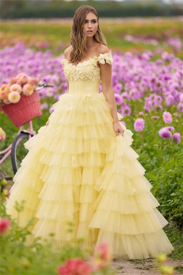 Amanda Spring Light Yellow Prom Dress Handmade Multilayer Formal Occasion Dresses Sweet 3D Flower Puffy Party Dress