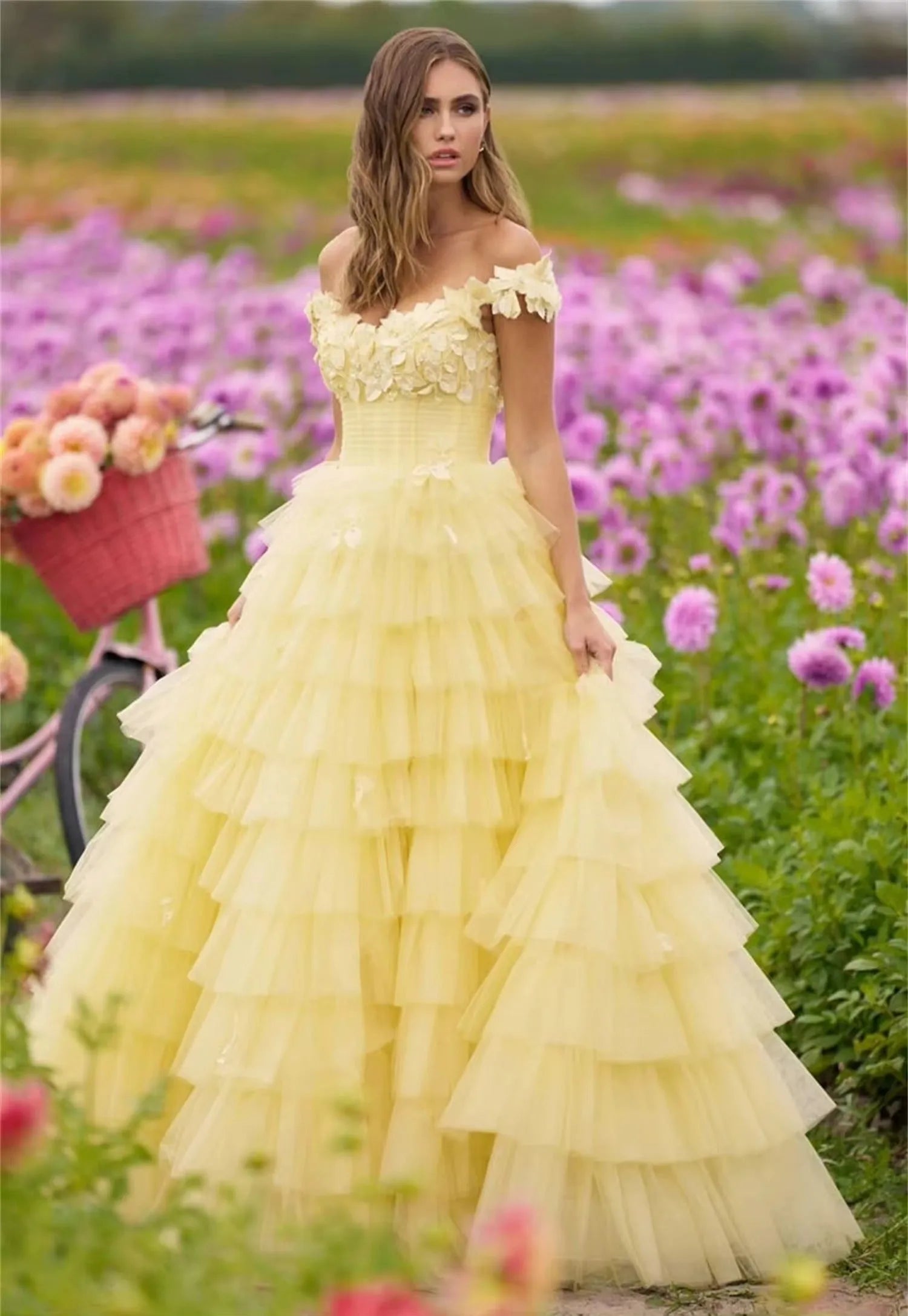 Amanda Spring Light Yellow Prom Dress Handmade Multilayer Formal Occasion Dresses Sweet 3D Flower Puffy Party Dress
