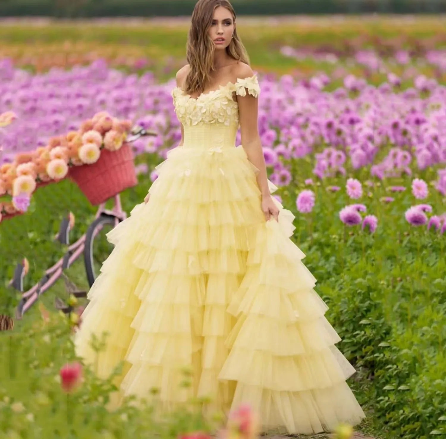 Amanda Spring Light Yellow Prom Dress Handmade Multilayer Formal Occasion Dresses Sweet 3D Flower Puffy Party Dress