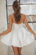 White Spaghetti Straps Simple Bridal Gown Vestido De Novia Train Dress Wedding Dress Satin Bow Court