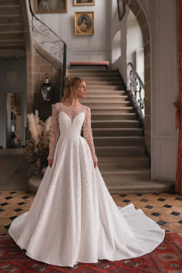 Diseño clásico escote redondo manga larga vestido de novia corte A exq