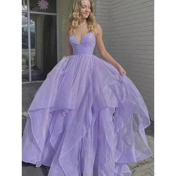 Sweet Purple Prom Dress Shiny Spaghetti Strap Evening Dress Sleeveless A-line Party Dress