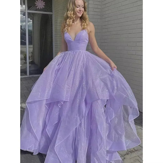 Sweet Purple Prom Dress Shiny Spaghetti Strap Evening Dress Sleeveless A-line Party Dress