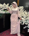 Elegant Baby Pink Muslim Arabic Prom Dresses Long Sleeves O-Neck Chiffon Pleat Formal Evening Dress Women Party Gowns