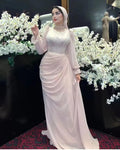 Elegant Baby Pink Muslim Arabic Prom Dresses Long Sleeves O-Neck Chiffon Pleat Formal Evening Dress Women Party Gowns