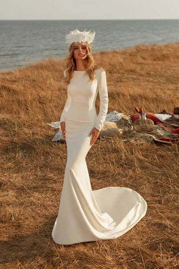 Elegant High Collar Long Sleeves Mermaid Wedding Dress For Women Backless Satin Court Train Simple Vestido De Novia. Ivory