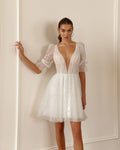 Beach Deep V-Neck Short Wedding Dress Half Sleeve Lace Appliques Boho Mini Bride Gown Backless Button Vestido De Noiva