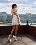 Beach Deep V-Neck Short Wedding Dress Half Sleeve Lace Appliques Boho Mini Bride Gown Backless Button Vestido De Noiva