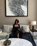 Noble Saudi Black Prom Dress A-Line Strapless Long Sleeves Sequined Floor Length Party Dresses vestidos de graduación