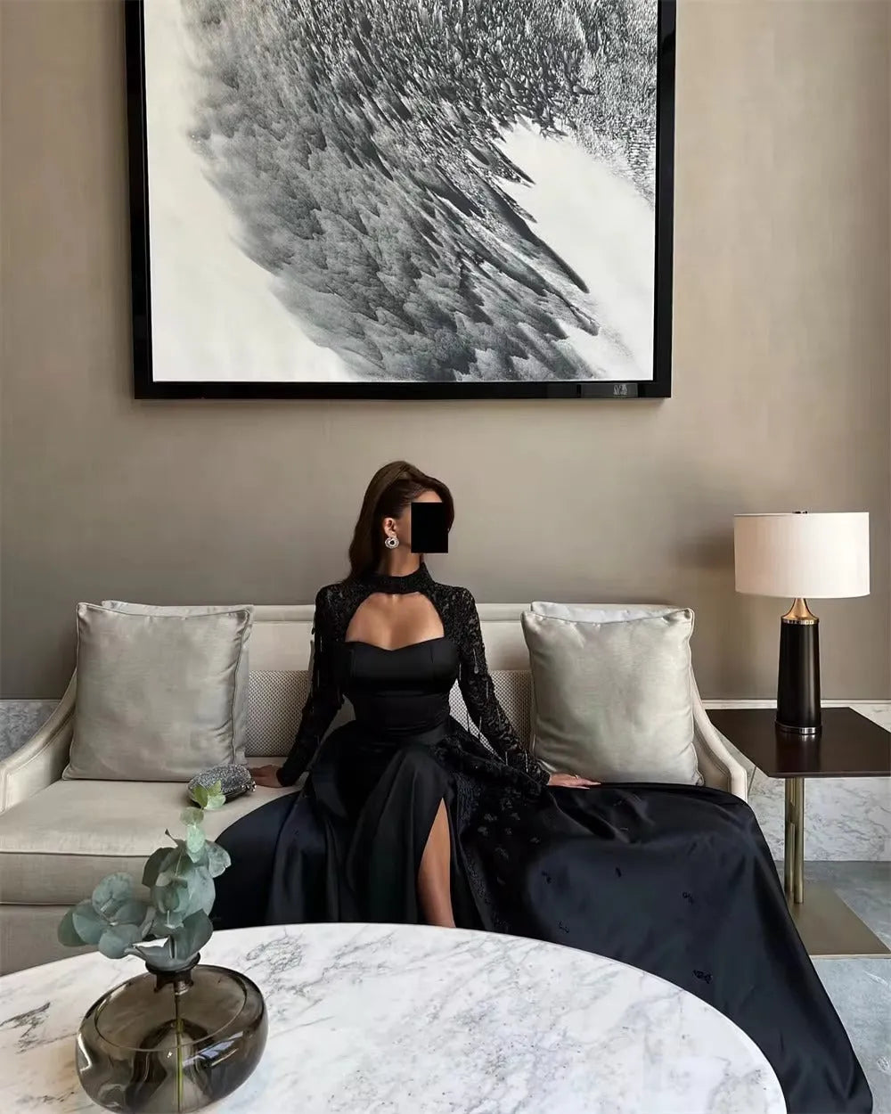 Noble Saudi Black Prom Dress A-Line Strapless Long Sleeves Sequined Floor Length Party Dresses vestidos de graduación