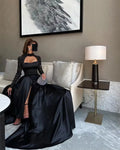 Noble Saudi Black Prom Dress A-Line Strapless Long Sleeves Sequined Floor Length Party Dresses vestidos de graduación