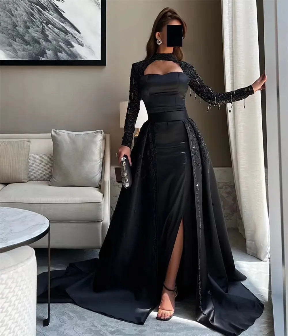 Noble Saudi Black Prom Dress A-Line Strapless Long Sleeves Sequined Floor Length Party Dresses vestidos de graduación