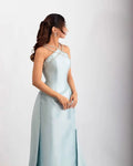 Light Blue Robes De Soirée Halter Neck Mermaid Detachable Train Prom Dresses Sleeveless Floor-length Wedding Dress