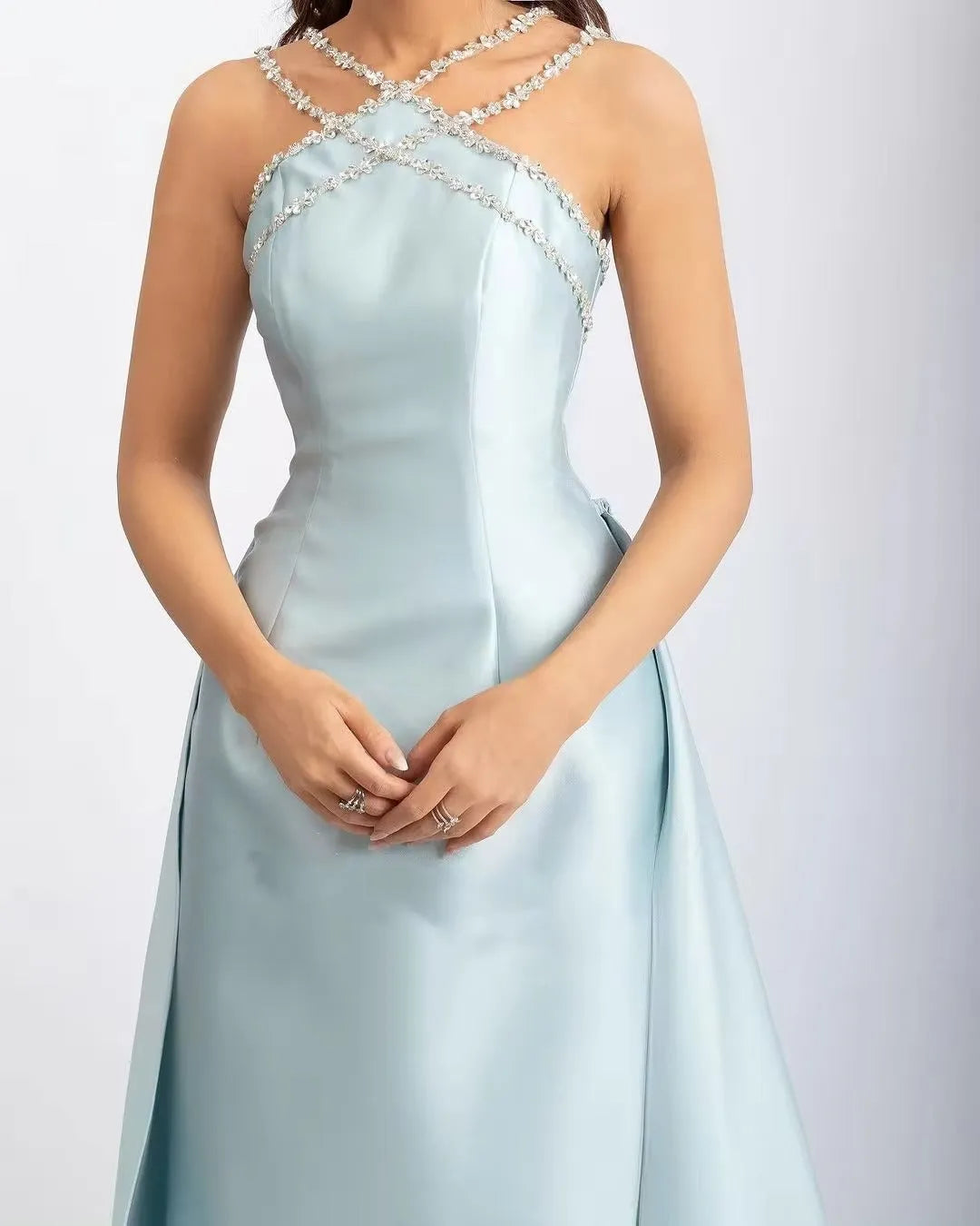 Light Blue Robes De Soirée Halter Neck Mermaid Detachable Train Prom Dresses Sleeveless Floor-length Wedding Dress