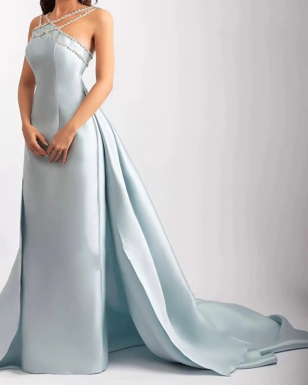 Light Blue Robes De Soirée Halter Neck Mermaid Detachable Train Prom Dresses Sleeveless Floor-length Wedding Dress