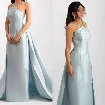 Light Blue Robes De Soirée Halter Neck Mermaid Detachable Train Prom Dresses Sleeveless Floor-length Wedding Dress