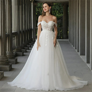 Sweetheart Wedding Dresses For Women Bride Boho A Line Plus Size Off The Shoulder Lace Bridal Beach Gown Sleeveless White