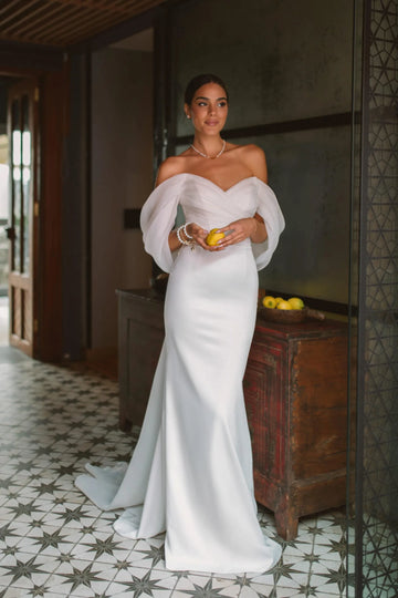 Summer Wedding Party Dresses Off The Shoulder Pleats Bridal Dress Mermaid Satin Women Bride Gowns With Train Champagne Custom size