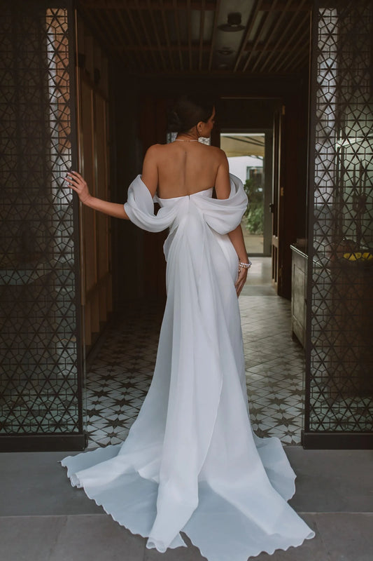 Summer Wedding Party Dresses Off The Shoulder Pleats Bridal Dress Mermaid Satin Women Bride Gowns With Train