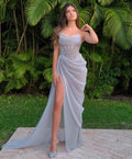 Silver Mermaid Evening Dresses Draped High Split Prom Gowns Fitthed Bones Women Party Formal Dress Occasion Gown