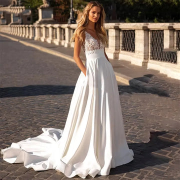 V Neck Sleeveless A-line Wedding Dresses Real Pictures Sweep Train Satin Wedding Gown Custom Made Vestido De Noiva