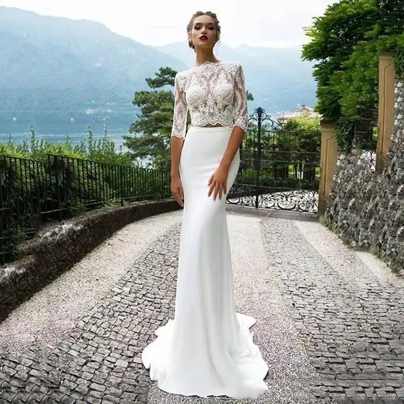 Abiti da sposa in pizzo bohémien, maniche lunghe, estate, spiaggia, du