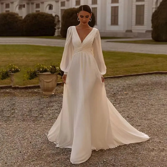 Simple Wedding Dresses For Women A-Line Satin Bridal Gowns V-Neck Backless Long Puff Sleeves Robes Pretty Vestidos De Novia