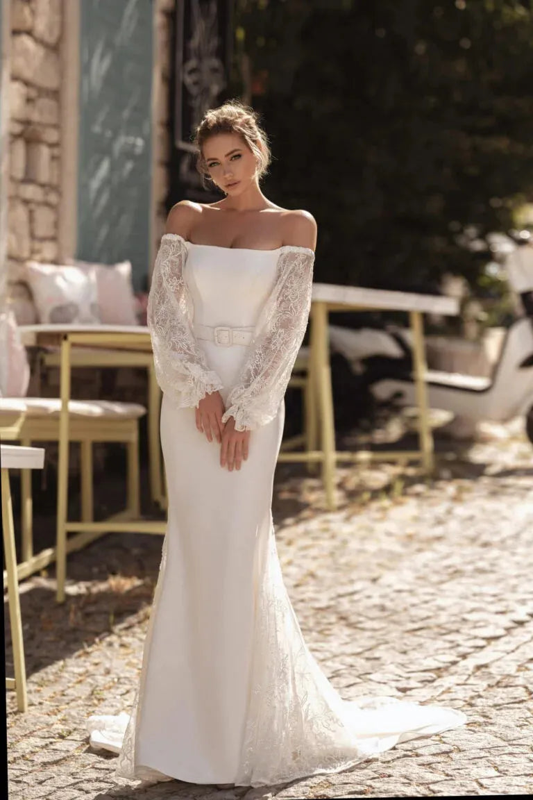 Vestidos de novia sirena apliques satΓ©n encaje manga abullonada vestid