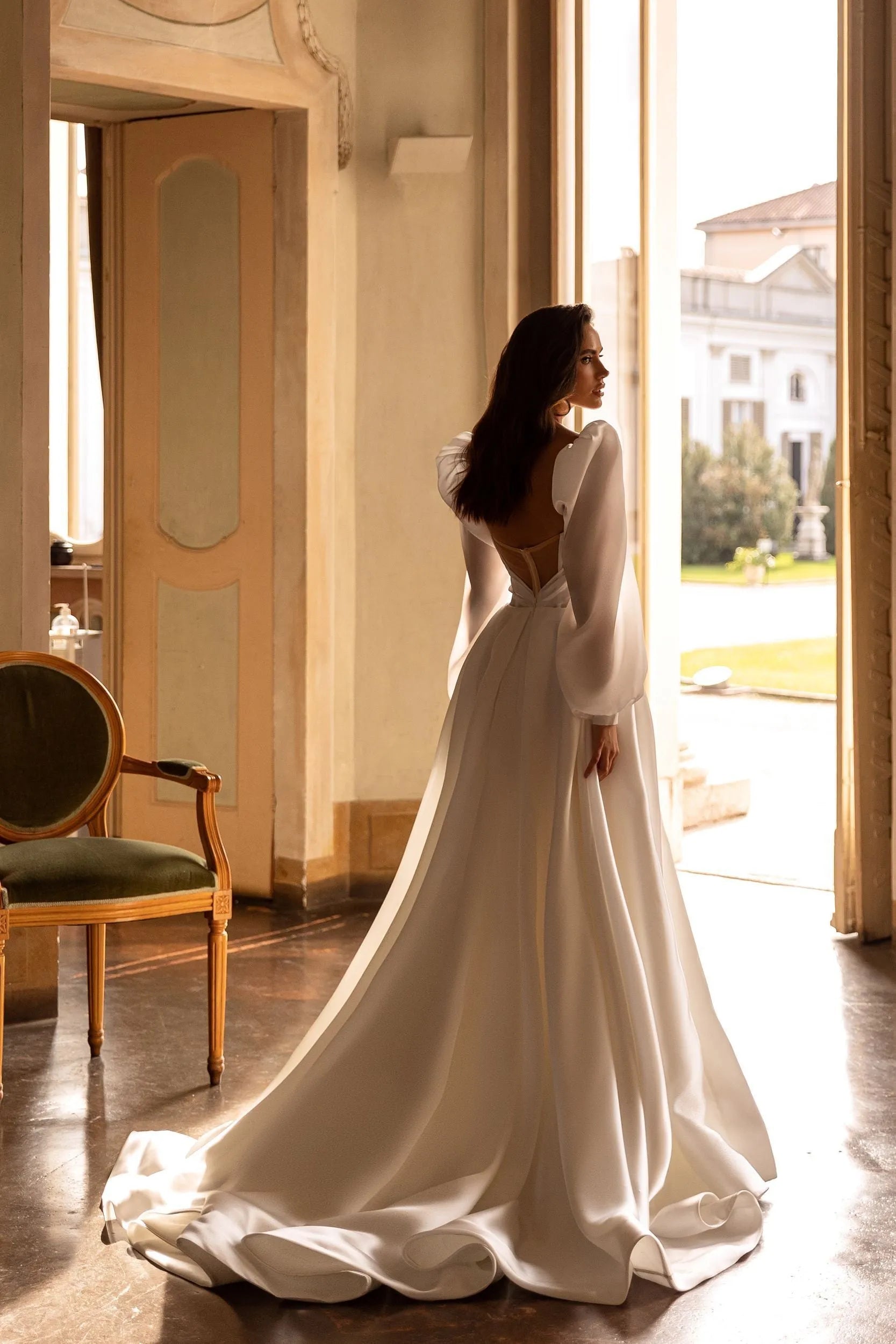 Chic Satin Princess Wedding Dresses Long Sleeves Bride Dress A Line High Slit Bridal Gowns Sweetheart Vestido De Novia