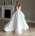 A Line Wedding Dress Princess Satin Bride Dresses Sexy V Neck Wedding Party Gowns Ivory