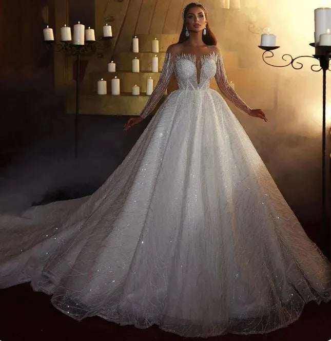 Arabia Glitter Lace Wedding Dresses Shiny Off Shoulder Long Sleeves Striped Bridal Gowns Sparkly Princess Bride Party Gown Ivory