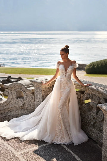 Luxury Detachable 2 In 1 Wedding Mermaid Dress Embroidered Lace On Net With Square Collar Sleeveless Bride Gowns Vestido De Novi 50cm