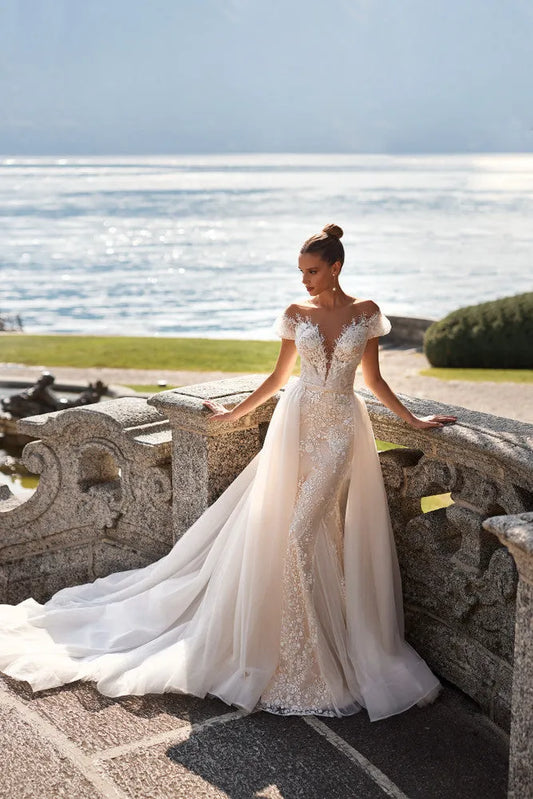 Luxury Detachable 2 In 1 Wedding Mermaid Dress Embroidered Lace On Net With Square Collar Sleeveless Bride Gowns Vestido De Novi 50cm