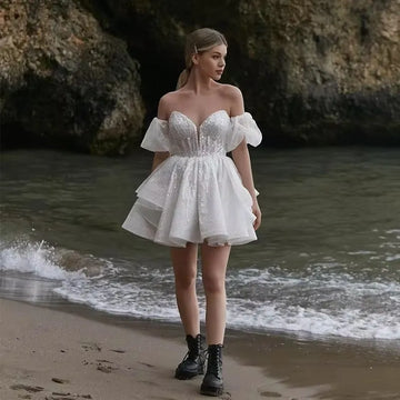 Sparkly Short Wedding Dresses Sweetheart Puff Short Sleeves Tiered Princess Glitter Shiny Corset Bridal Gowns Party Dress