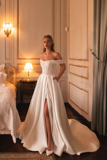 Off Shoulder Glitter A Line Wedding Dress Sleeveless Princess Bride Dresses Split Long Bridal Gown Vestido De Noiva