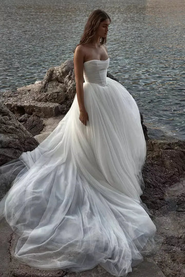Beach Wedding Dresses A Line Strapless Tulle Bride Gowns Vestido de novia Sweetheart Neck Corset Bridal Dress Ivory 24W