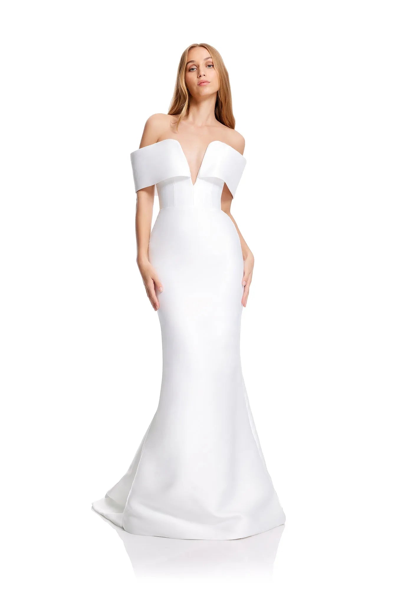 Luxury Solid Wedding Dresses Off The Shoulder V Neck Satin Mermaid Evening Prom Dress With Train Bride Gowns