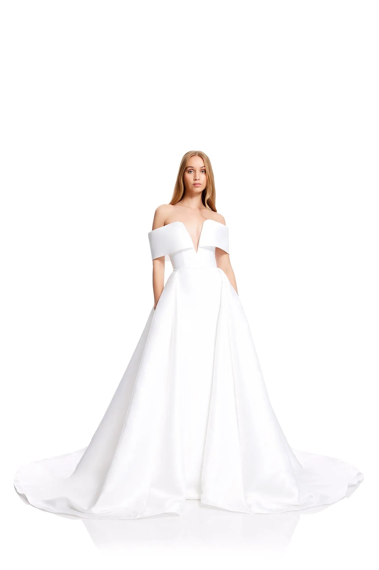 Luxury Solid Wedding Dresses Off The Shoulder V Neck Satin Mermaid Evening Prom Dress With Train Bride Gowns As Picture