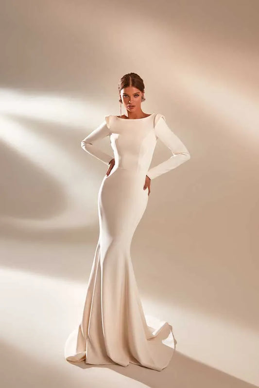 Satin Wedding Dress For Women Square Collar Neck Long Sleeves Simple Mermaid Bridal Gowns Sweep Train Vestidos De Novia Red